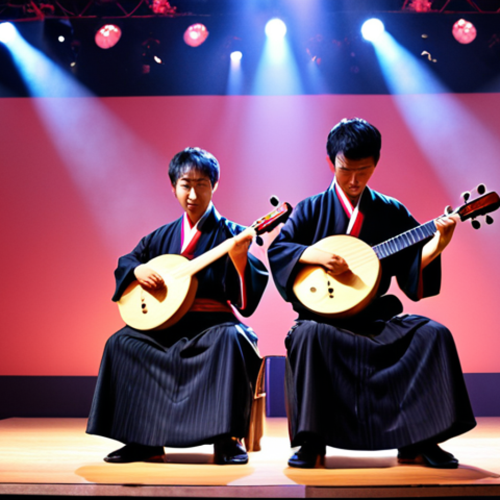 **

Yoshida Brothers performing on stage, vibrant lighting, audience captivated, shamisen instruments in focus, modern concert setting.

**