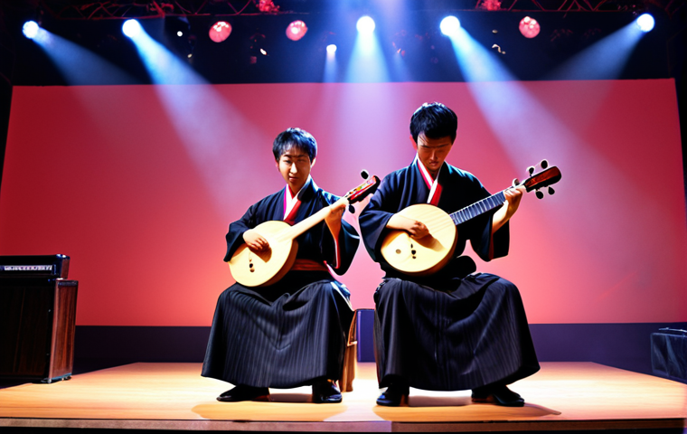 **
Yoshida Brothers performing on stage, vibrant lighting, audience captivated, shamisen instruments in focus, modern concert setting.
**
